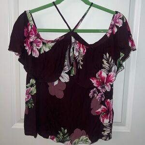 NWT - Express - Burgundy Tropical Floral Halter off the shoulder blouse - size S